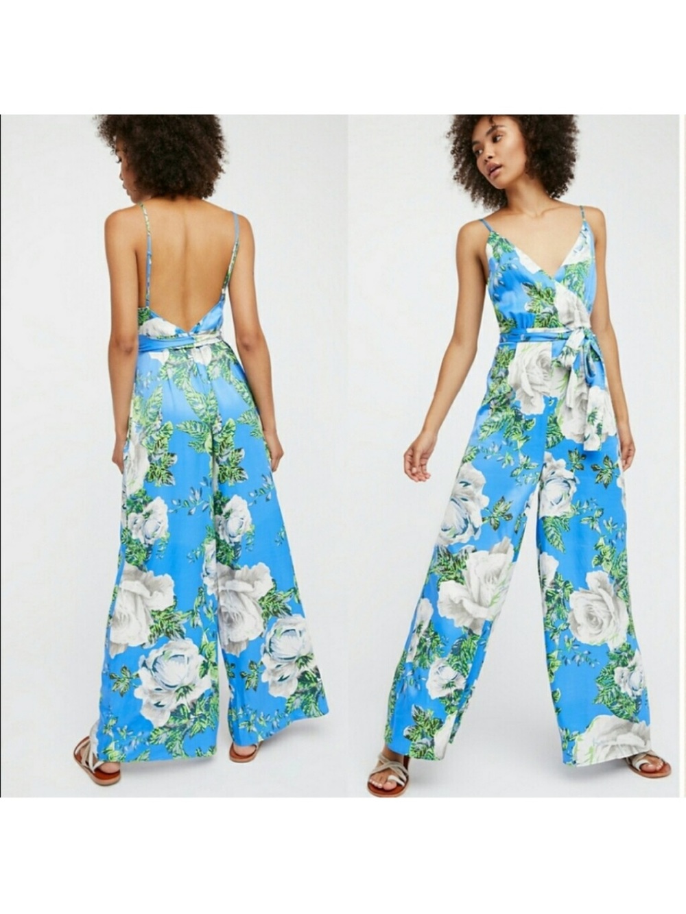 Free People Cabbage Rose Floral romper sky Blue Floral Wrap Wide-Leg Jumpsuit 4